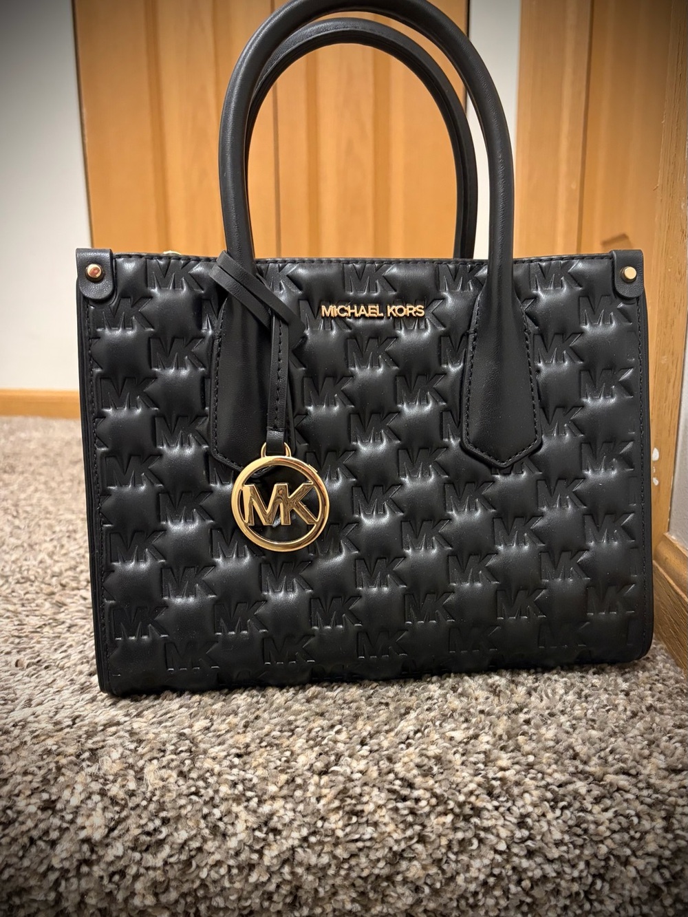 Michael Kors Black Quilted MK Logo Satchel with Gold Hardware